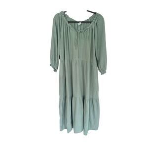 Worth Collective Avery Linen Blend Midi Dress Sage Green Boho Tiered Peasant L